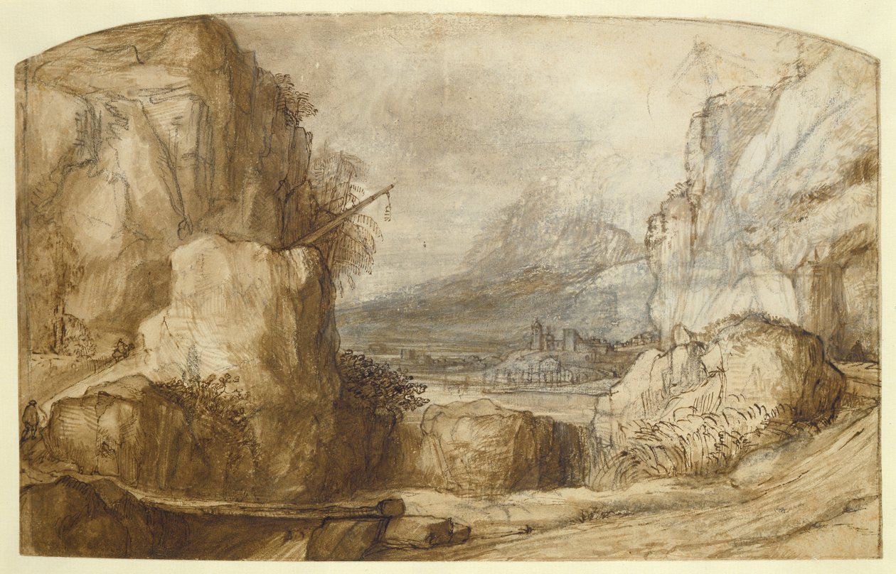 Górski krajobraz (długopis, brązowy tusz, pędzel i kreda na papierze) autorstwa Constantin Daniel van Renesse