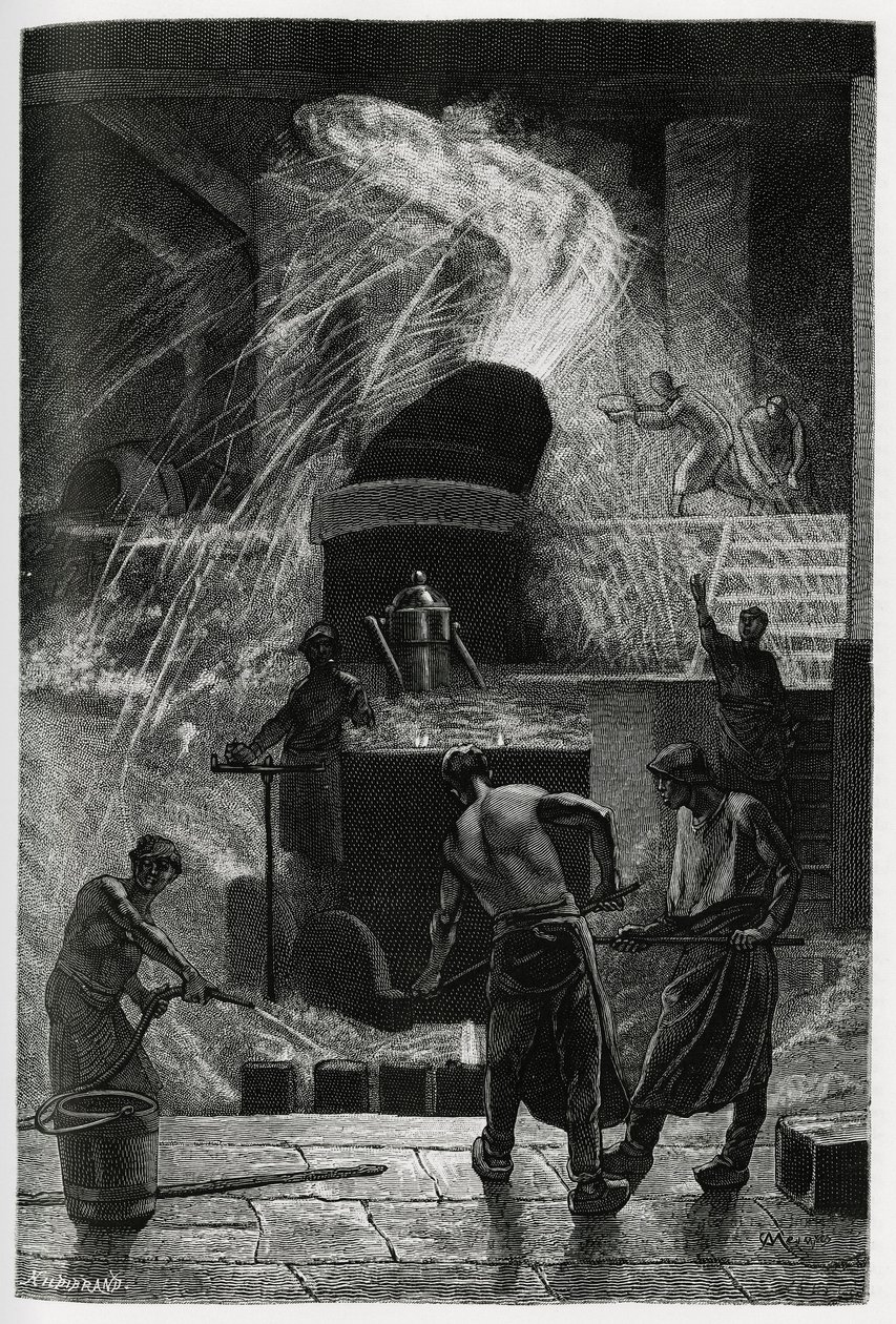 Odlewanie stali w zakładach Cockerill w Seraing. Grawer autorstwa C.Meuniera ilustrujący historię „La Belgique” autorstwa Camille Lemonnier (1844-1913), pisarza i krytyka sztuki. autorstwa Constantin Emile Meunier