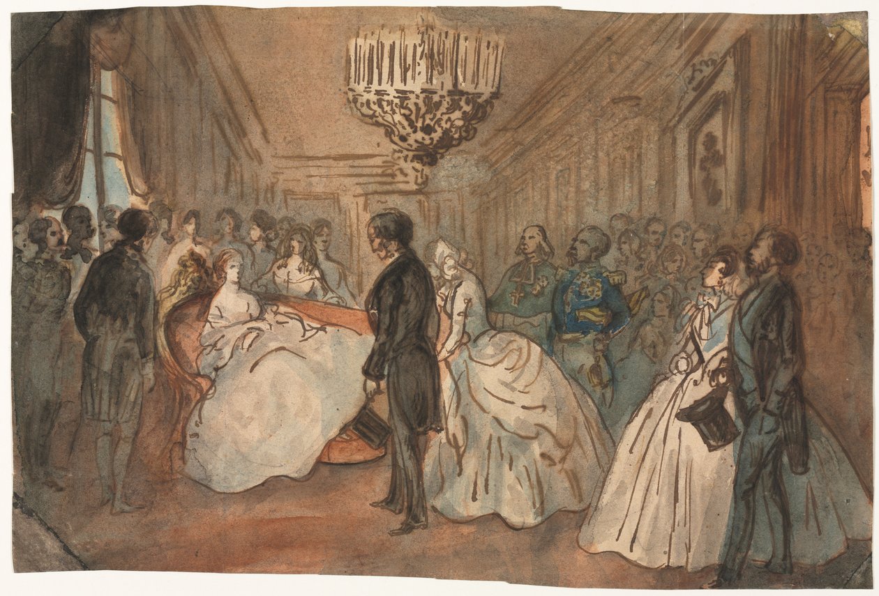 Cesarzowa Eugenia otrzymuje korpus dyplomatyczny po narodzinach księcia cesarskiego, 1800. autorstwa Constantin Guys