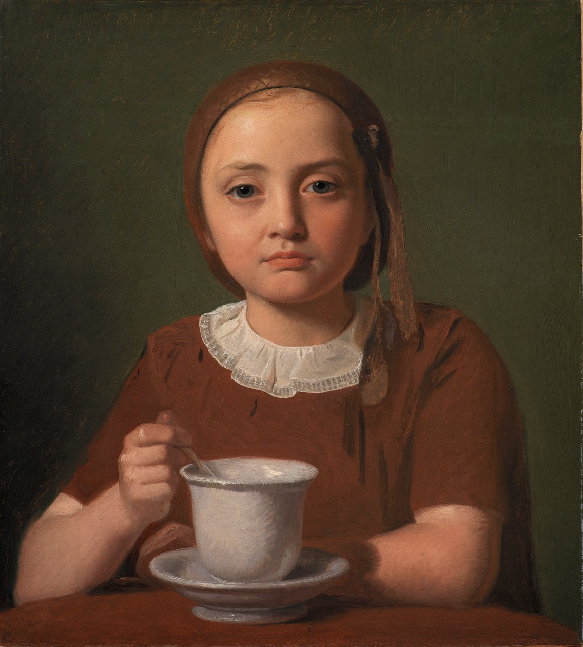 Portret małej dziewczynki, Elise Købke, z kubkiem przed sobą, 1850 autorstwa Constantin Hansen