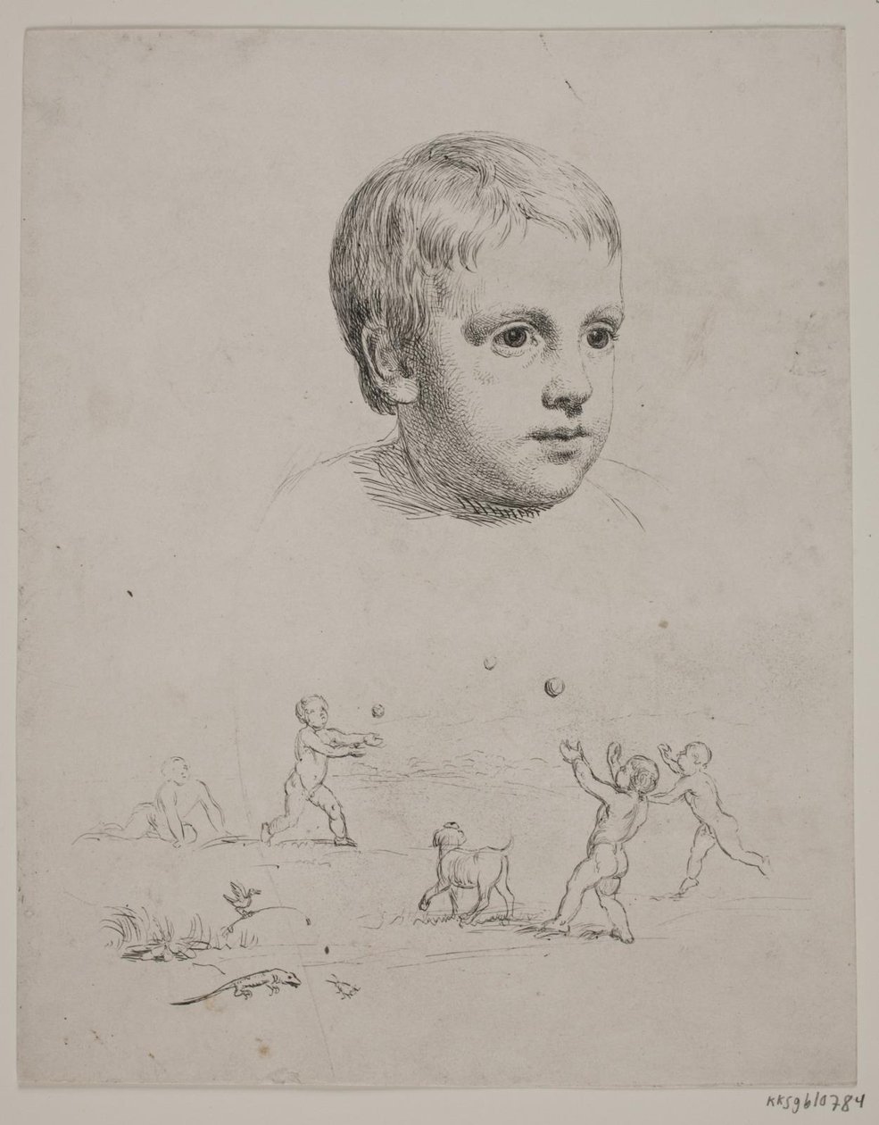 Górny portret T. N. Thiele jako dziecka, poniżej czterech chłopców grających w piłkę autorstwa Constantin Hansen