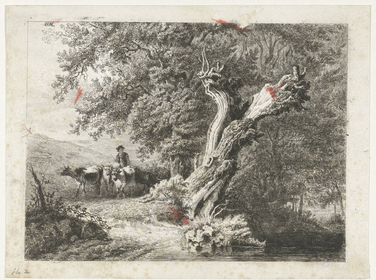 Krajobraz z nagim drzewem i pasterzem autorstwa Constantinus Cornelis Huysmans