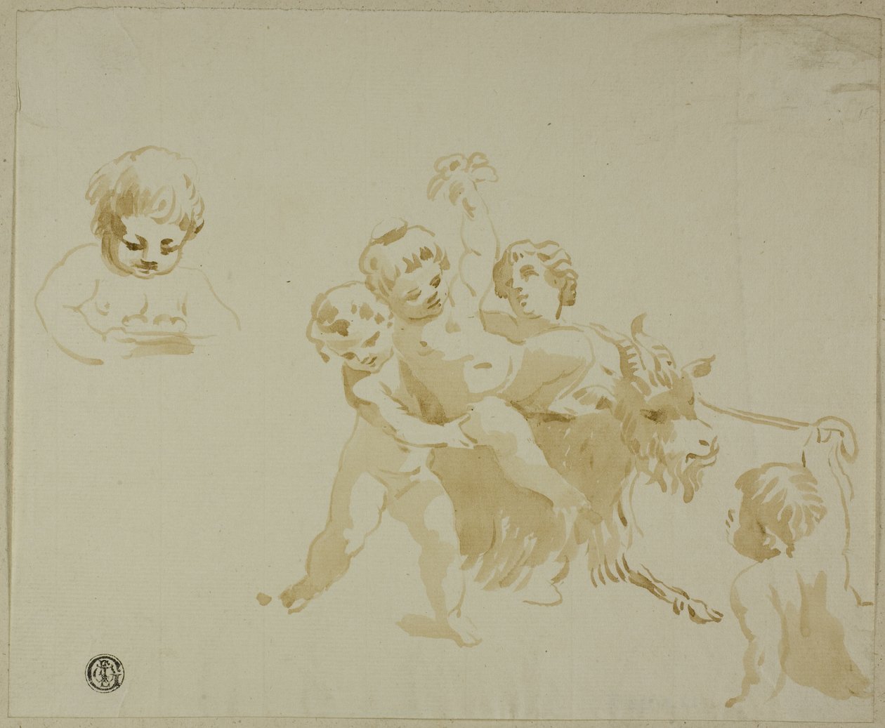 Putti bawiący się z kozą autorstwa Conte Antonio Maria Zanetti the Elder