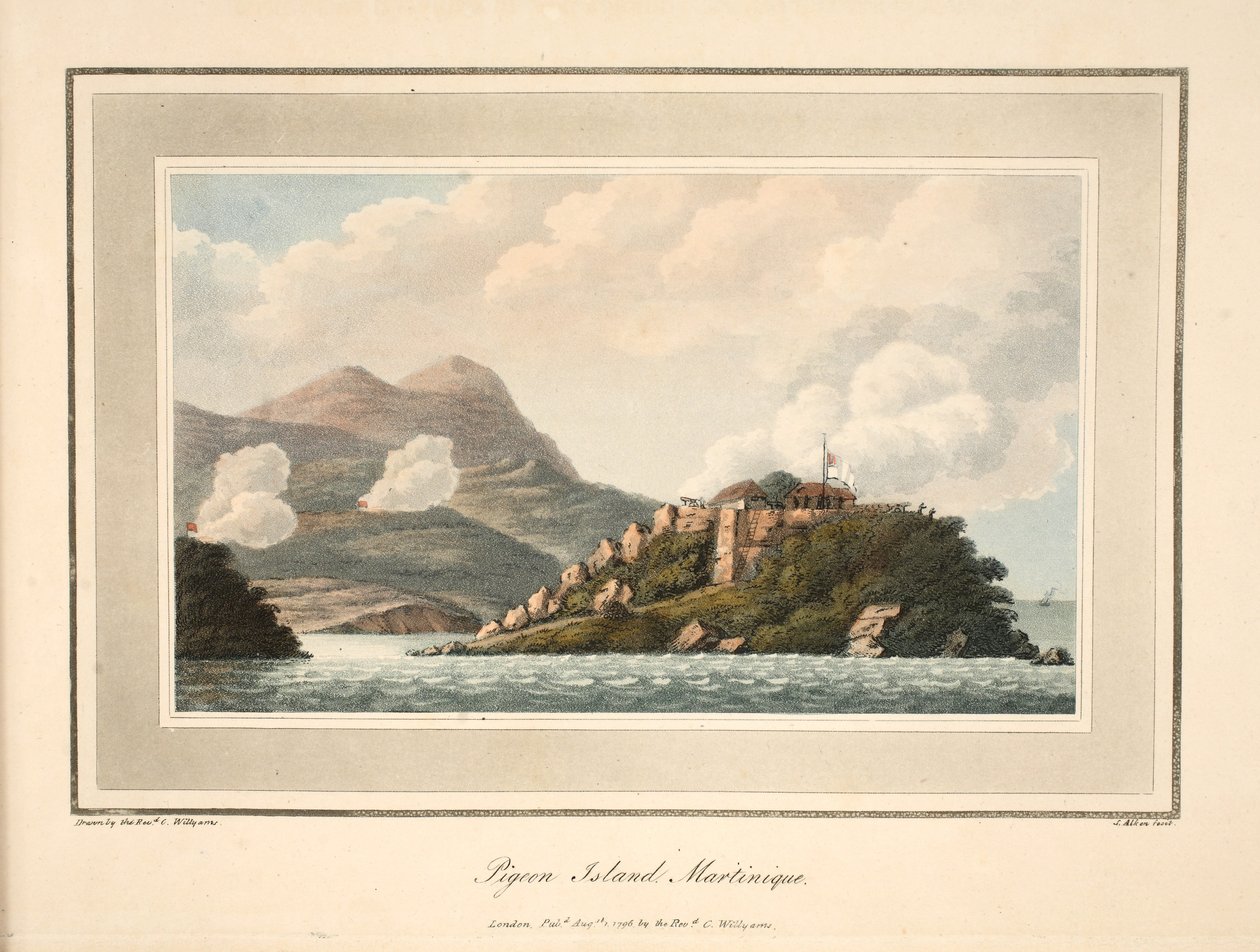 Pigeon Island, Martynika, ilustracja z „Opisu kampanii w Indiach Zachodnich” ks. Coopera Williamsa, litografia S. Allena, wyd. Londyn 1796 autorstwa Cooper Willyams
