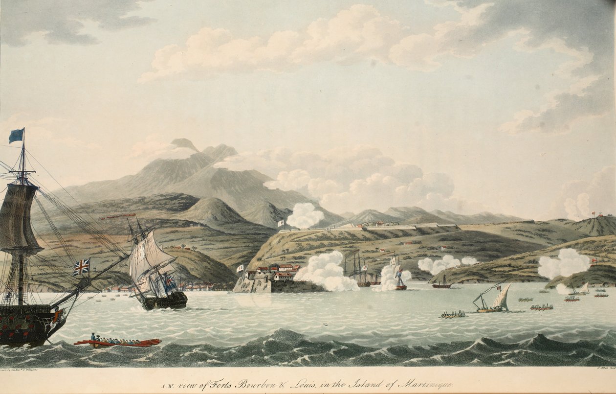 Widok na Forty Bourbon i Louis na wyspie Martynice, ilustracja z "An Account of the Campaign in the West Indies" Rev. Cooper Willyams, litografia S. Alken, pub. London 1796 (c autorstwa Cooper Willyams