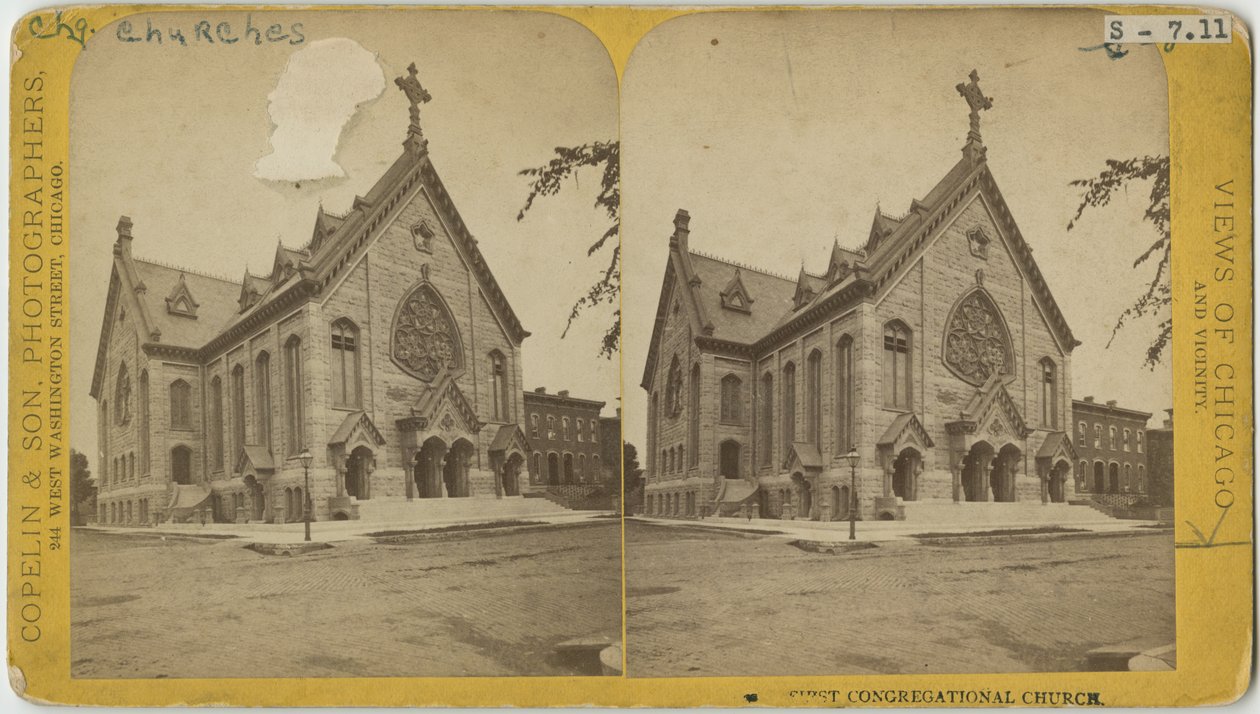 Stereograf Pierwszego Kościoła Kongregacyjnego, Chicago, ok. 1870 (bw zdjęcie na uchwycie karty) autorstwa Copelin and Hine Copelin and Hine