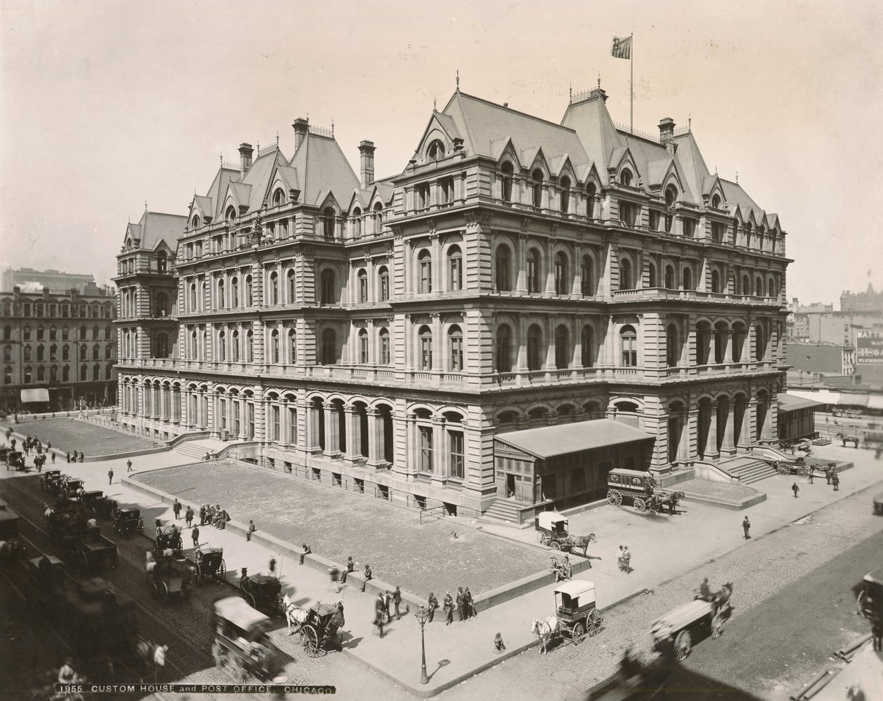 Widok na pocztę i urząd celny przy Clark Street i Jackson Blvd., Chicago, 1889 autorstwa Copelin and Hine Copelin and Hine