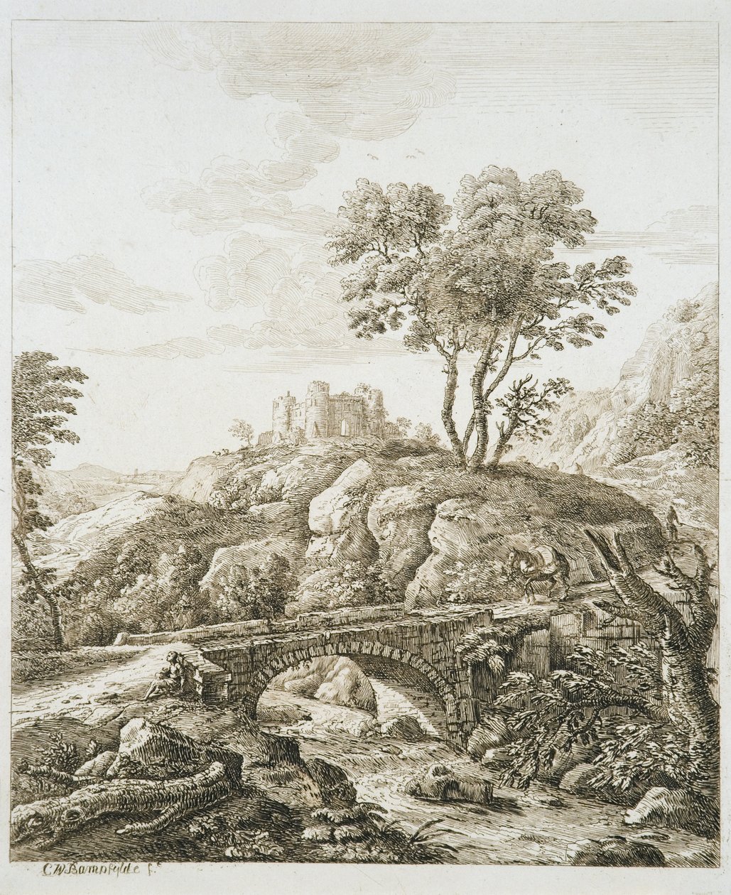 Krajobraz z zamkiem (akwaforta na papierze) autorstwa Copplestone Warre Bamfylde