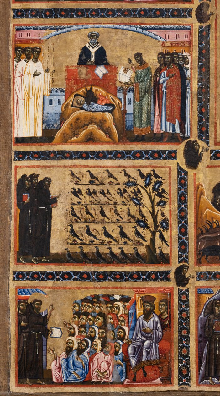 Bardi Ołtarz św. Franciszka i dwadzieścia historii jego życia, szczegóły z góry: tworzenie szopki w Greccio św. Franciszek nauczający ptaków, św. autorstwa Coppo di Marcovaldo