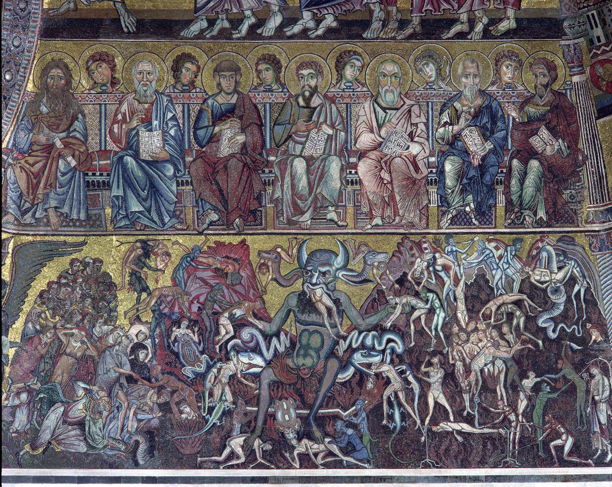 Piekło, fragment Sądu Ostatecznego ze sklepienia nad absydą, mozaika 1225 autorstwa Coppo di Marcovaldo