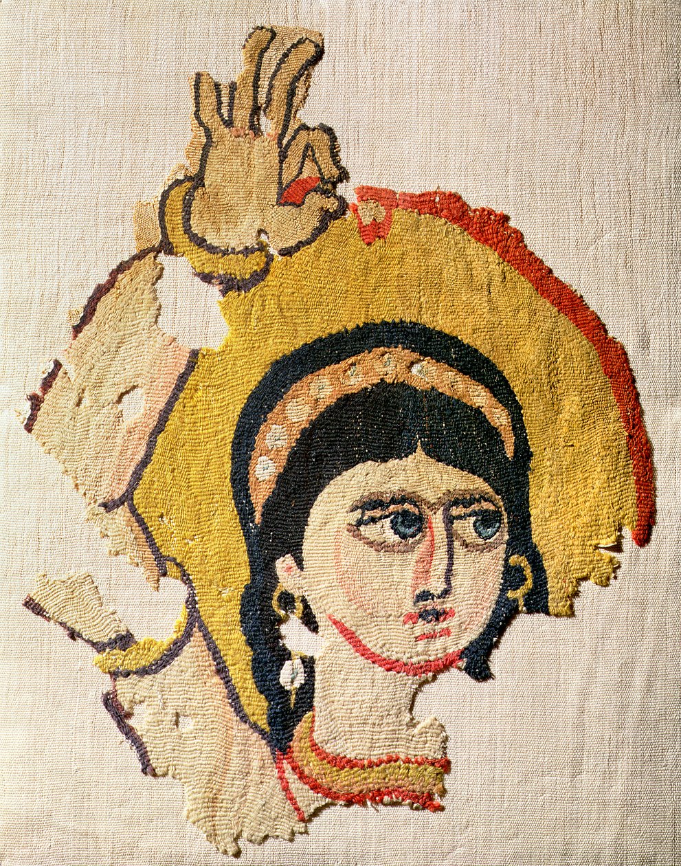 Fragment gobelinu przedstawiający głowę tancerki (wełna i len) autorstwa Coptic