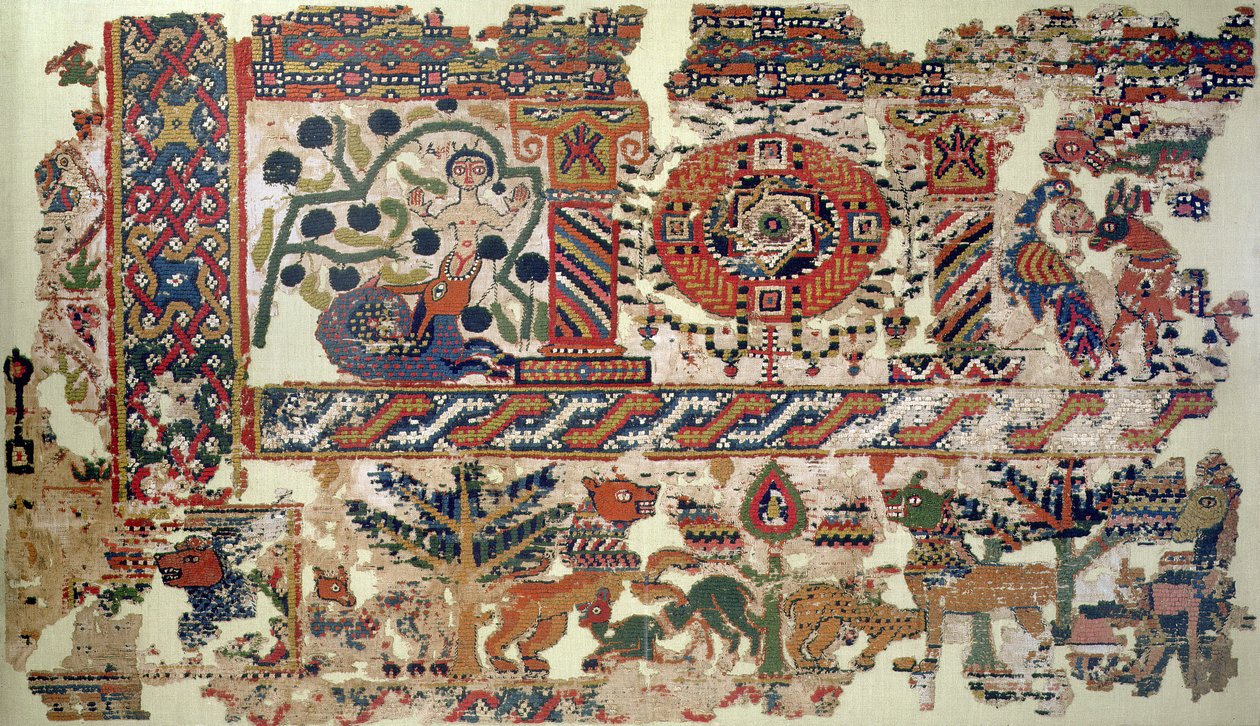Fragment tkaniny przedstawiający Jonasza i wieloryba z lnu i wełny z 105613 autorstwa Coptic