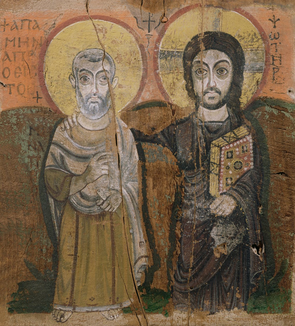 Ikona przedstawiająca opata Menę z Chrystusem, z Baouit, VI-VII w. (tempera na desce) autorstwa Coptic