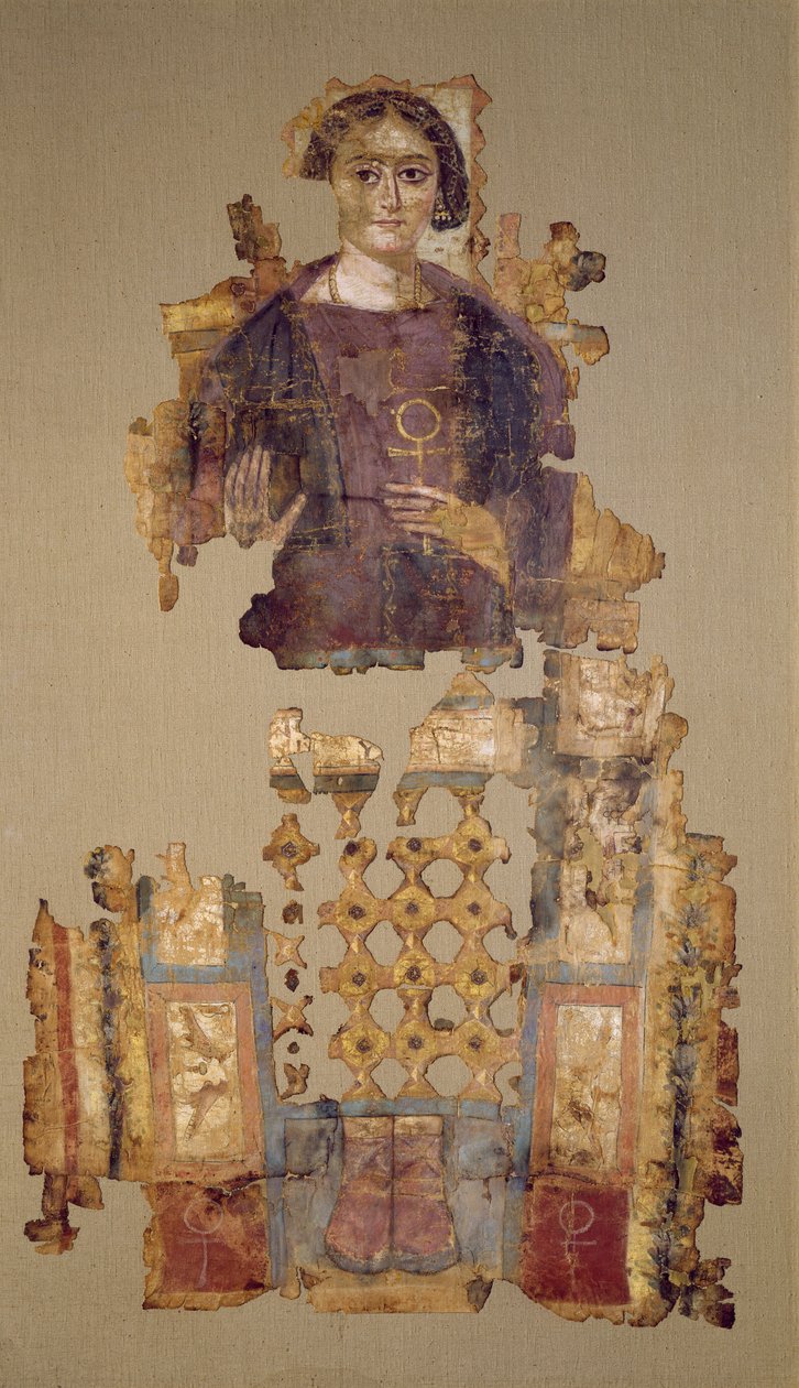 Całun przedstawiający kobietę trzymającą ankh, z Antinoe, III-IV w. (tkanina malowana) autorstwa Coptic