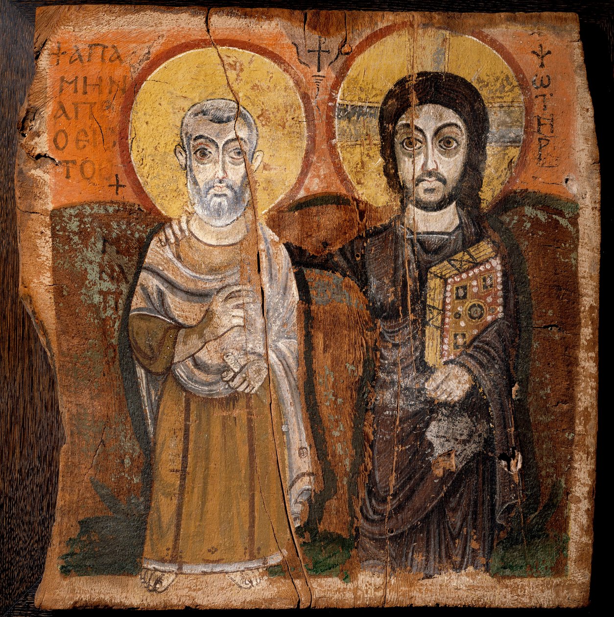 Sztuka koptyjska: „”Chrystus i Abbe Mena”” Św. Menas (Minas, Mina, Mena, Mennas), męczennik egipski z III wieku. Fragment farby na drewnie (detrempe na drzewie figowym) z VI lub VII wieku wym: 57x57cm. Ze strony Baouit w Egipcie. - Sztuka koptyjska: „”Chri autorstwa Coptic