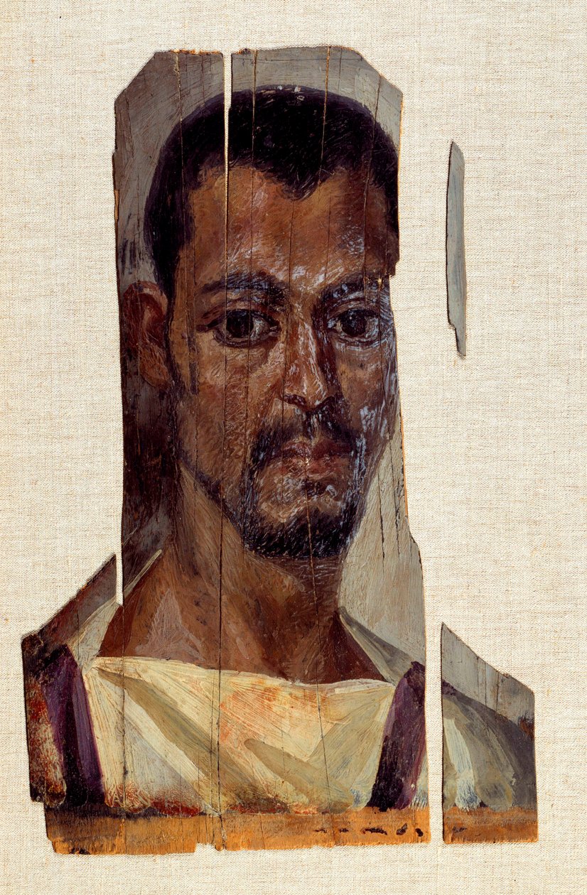 Portret mumii męskiej. III wiek, okres rzymski (starożytny Egipt) (30 p.n.e.-395 n.e.) Z regionu Fayoum (Fayum). Słońce 0,41x0,14 m Paryż, musee du Louvre autorstwa Coptic
