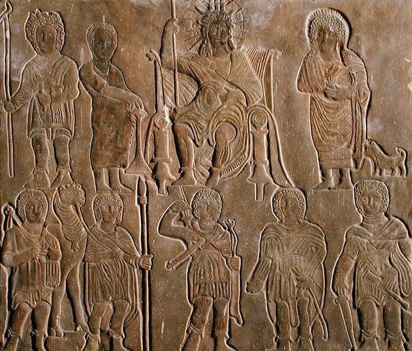Płaskorzeźba przedstawiająca deifikowanego cesarza rzymskiego otrzymującego hołd od egipskich nomadów autorstwa Coptic