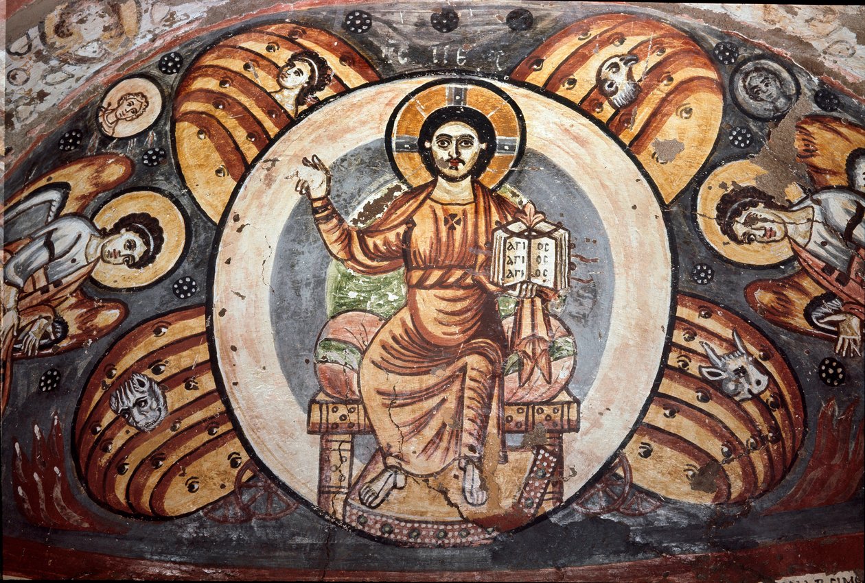 Sztuka koptyjska: „Chrystus w majestacie (w chwale)””. Symbole czterech ewangelistów (Tetramorf: Anioł, Orzeł, Byk i Lew). Fresk zdobiący niszę, V-VI wiek. Kair, Muzeum Koptyjskie, Egipt autorstwa Coptic Coptic