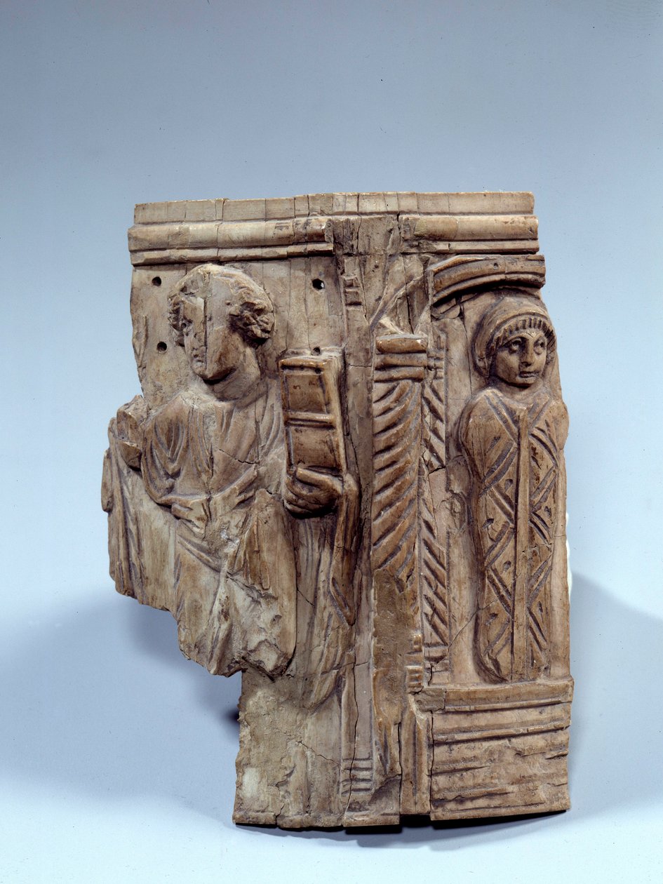 Sztuka koptyjska: fragment tabliczki z kości słoniowej przedstawiający zmartwychwstanie Łazarza. VI wiek naszej ery. Paryż, Luwr autorstwa Coptic Coptic
