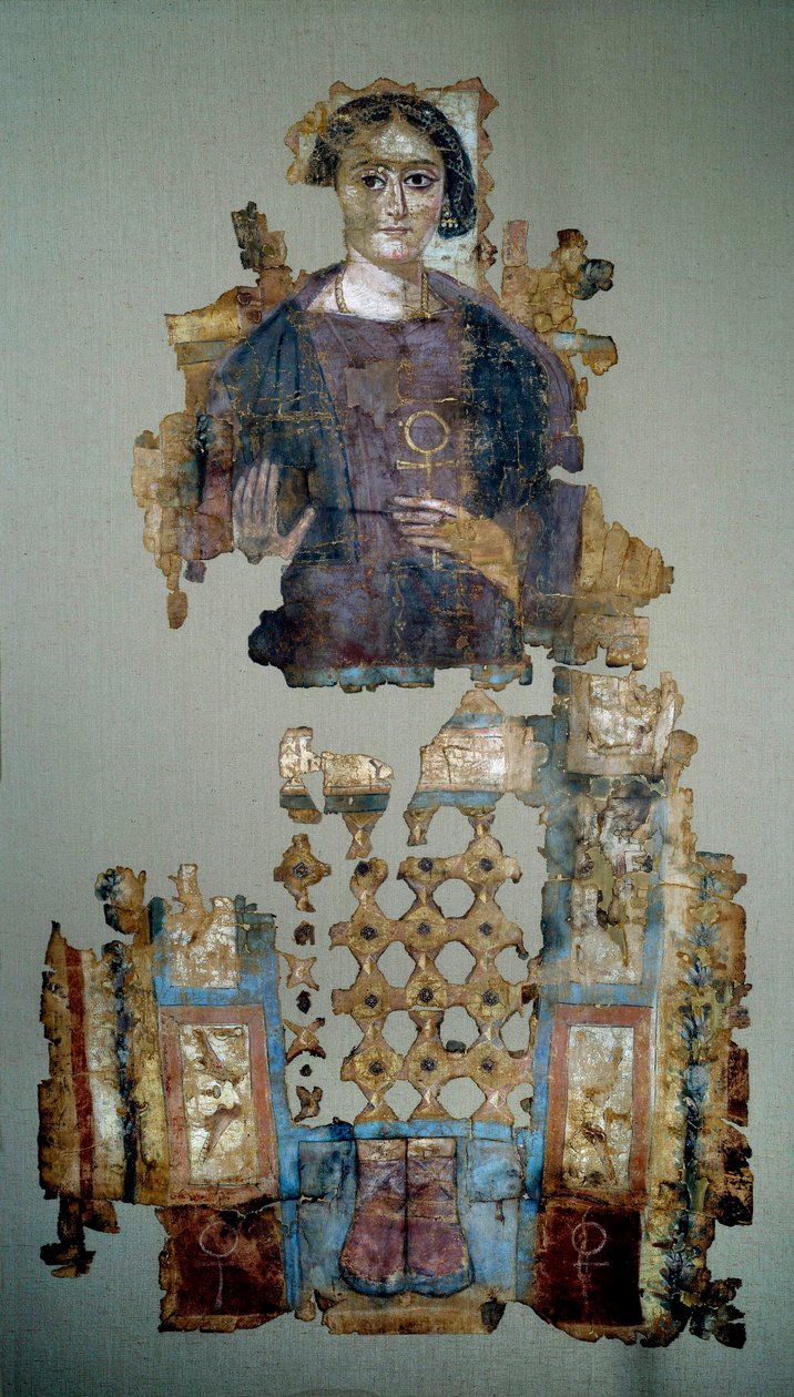 Sztuka koptyjska: fragment malowanego płóciennego całunu przedstawiający młodą kobietę zwaną damą krzyża ansee. Z Antinoupolis. IV wiek naszej ery. Paryż, Luwr autorstwa Coptic Coptic