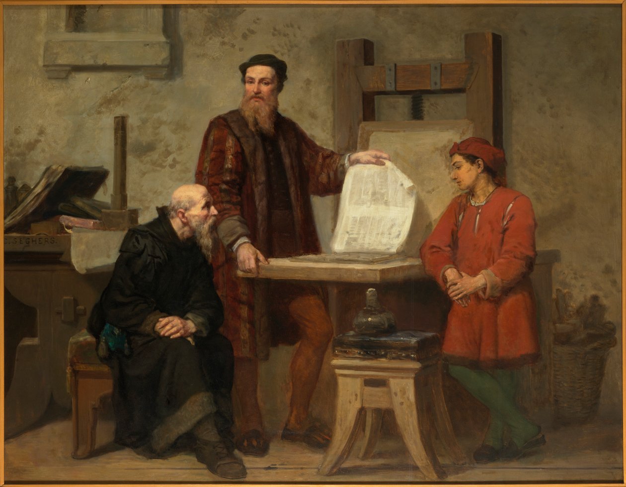 Wynalezienie sztuki drukarskiej czyli Gutenberg przy pracy, połowa XIX w. autorstwa Corneille Seghers