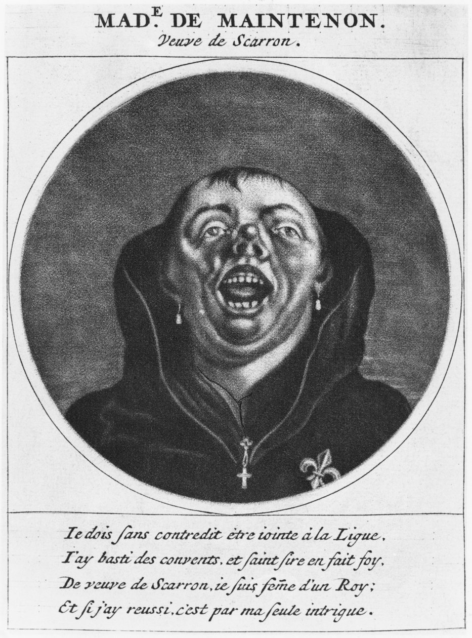 Protestancka karykatura Madame de Maintenon, ilustracja z „Les Heros de La Ligue lub La Procession monacale pod przewodnictwem Ludwika XIV w celu nawrócenia protestantów z jego królestwa”, Paryż, Che autorstwa Cornelis and Gole, Jacob Dusart