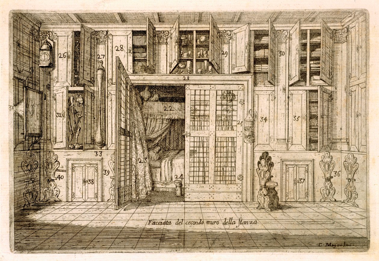 Wnętrze, salon Studium z Księgi Wiedzy Cornelio Meyera, 1696, rycina (patrz 255700) autorstwa Cornelis Jansz. Meyer