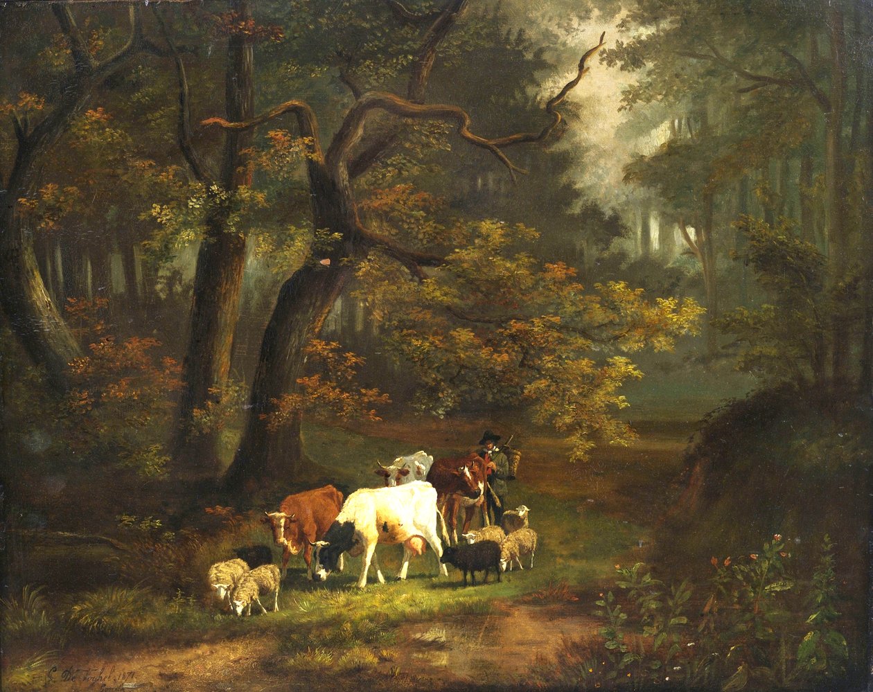 Leśne wnętrze z małym stadem krów i owiec. autorstwa Cornelis Johannes de Vogel