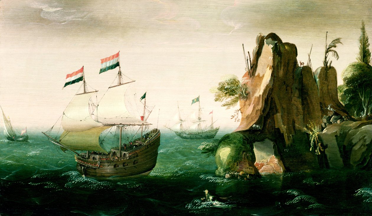 Holenderski statek handlowy u wybrzeży skalistych autorstwa Pieter Cornelisz. Verbeeck