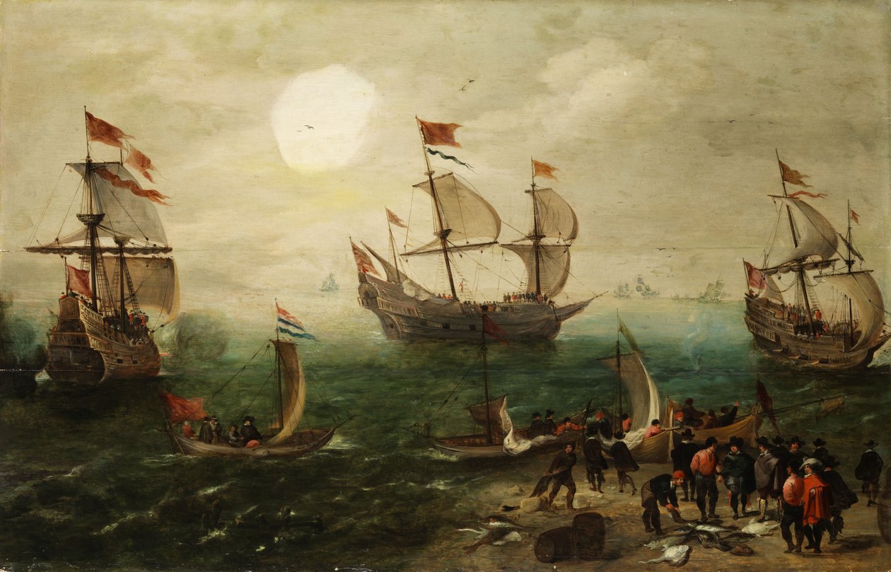 Dzieło marynistyczne z trzema dużymi żaglowcami autorstwa Pieter Cornelisz. Verbeeck