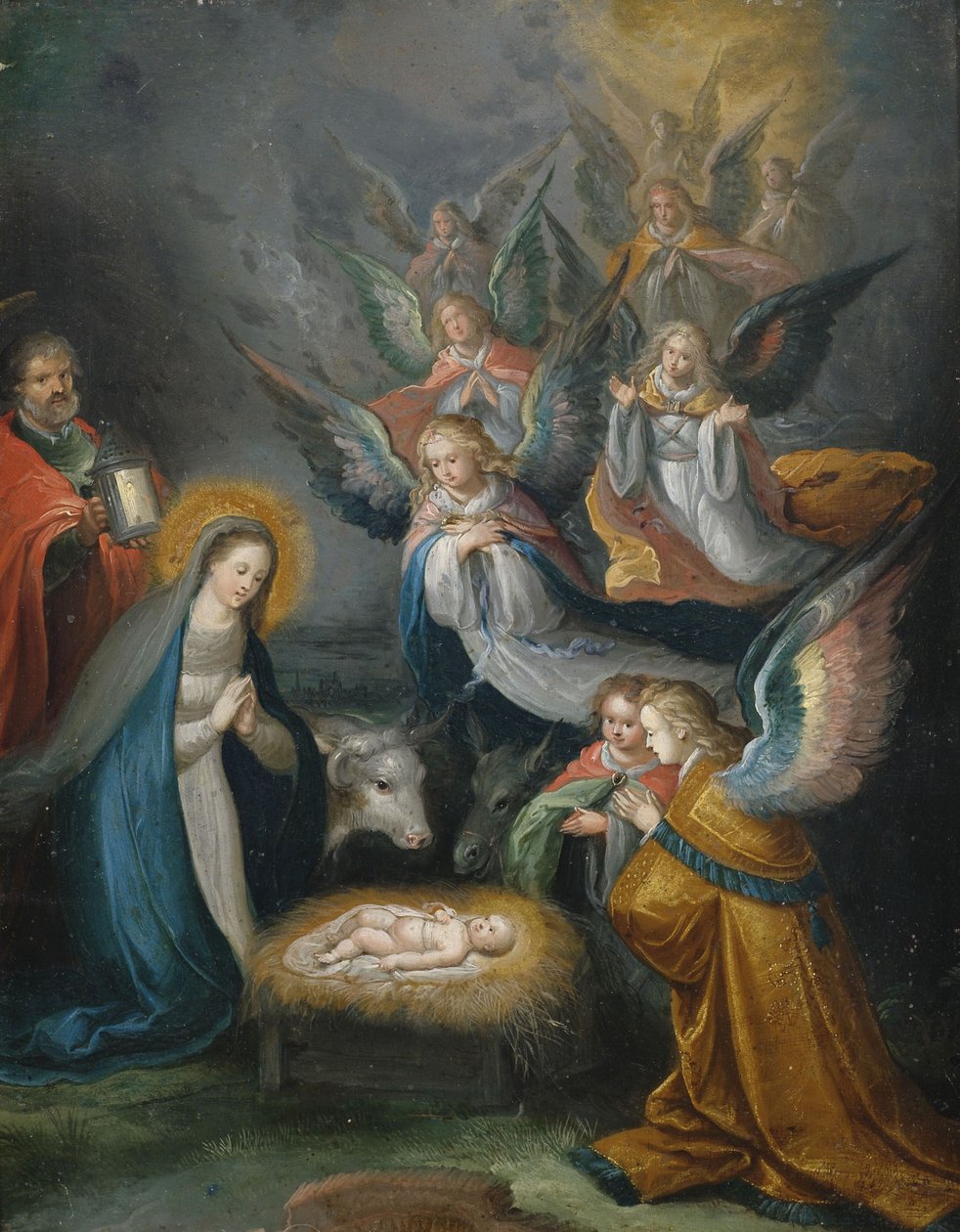 Święta Rodzina z Aniołami w adoracji Dzieciątka autorstwa Cornelis de Baellieur