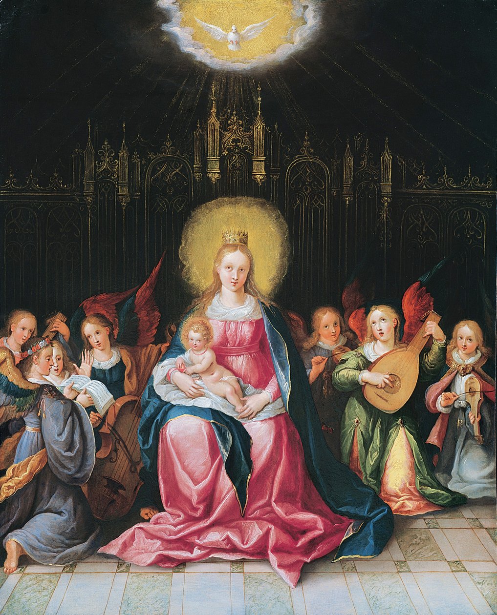 Matka Boska z Dzieciątkiem w otoczeniu siedmiu muzykujących aniołów (olej na miedzi) autorstwa Cornelis de Baellieur