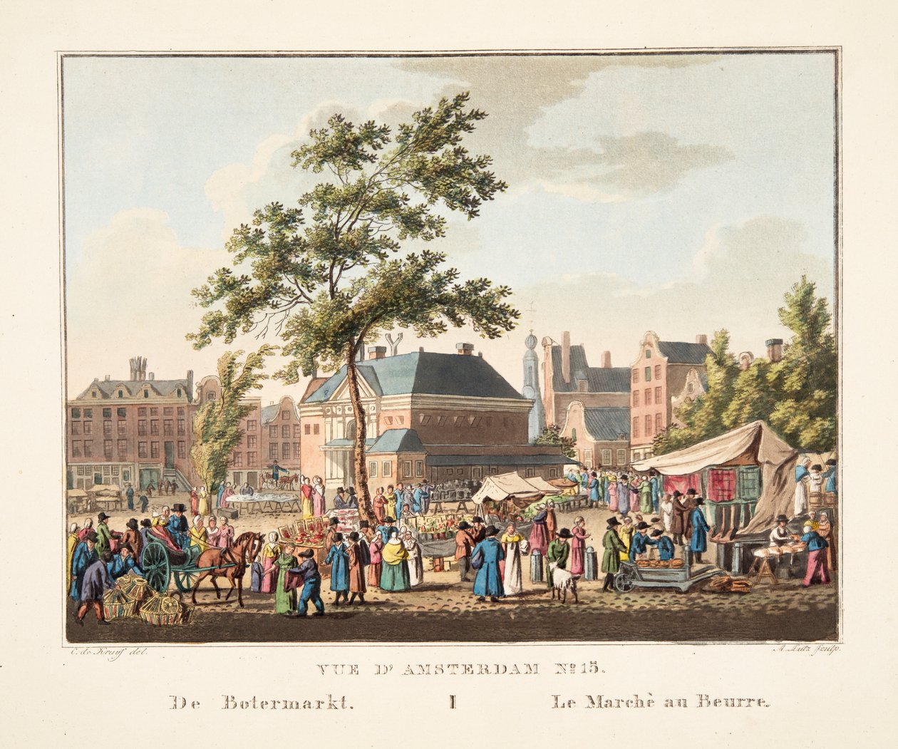 Widok na Amsterdam nr 15. Z Botermarkt. Targ masła, 1825 (ręcznie barwiony grawer) autorstwa Cornelis de Kruyff