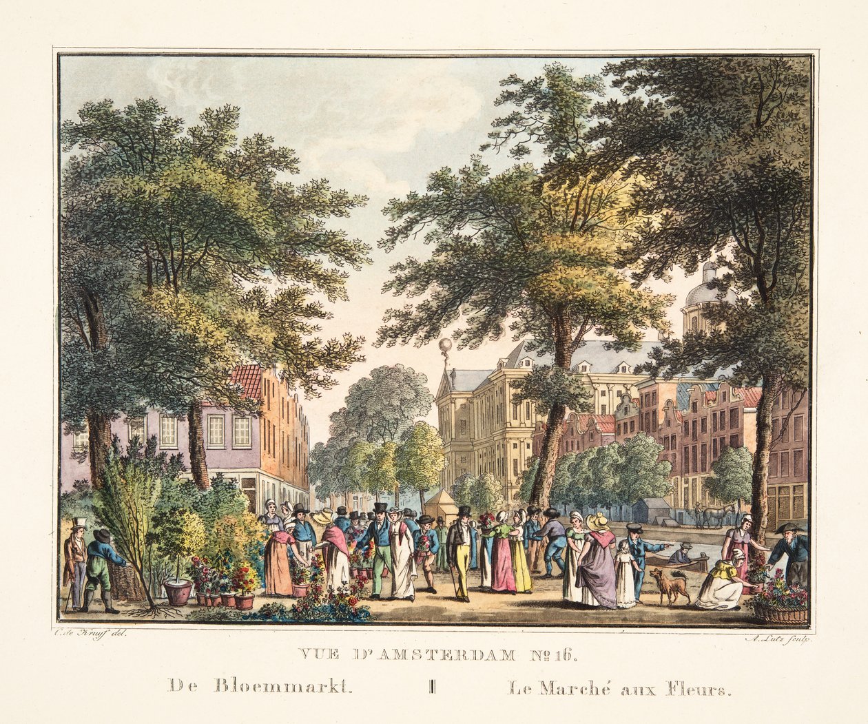 Widok na Amsterdam nr 16. Z Bloemmarktu. Targ kwiatowy, 1825 (ręcznie kolorowany grawerunek) autorstwa Cornelis de Kruyff