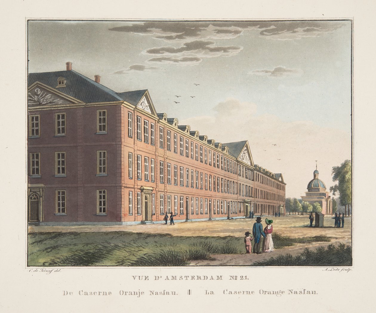 Widok na Amsterdam nr 21. Z koszar Oranje Nassau. Pomarańczowe koszary Nassau, 1825 (ręcznie barwiony grawerunek) autorstwa Cornelis de Kruyff