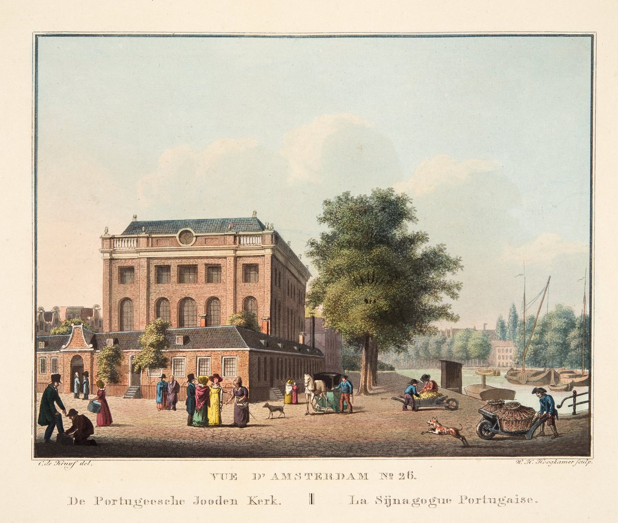 Widok na Amsterdam nr 26. Z portugalskiego Joodena Kerka. La Sijnagogue Portugaise, 1825 (ręcznie barwiony grawerunek) autorstwa Cornelis de Kruyff