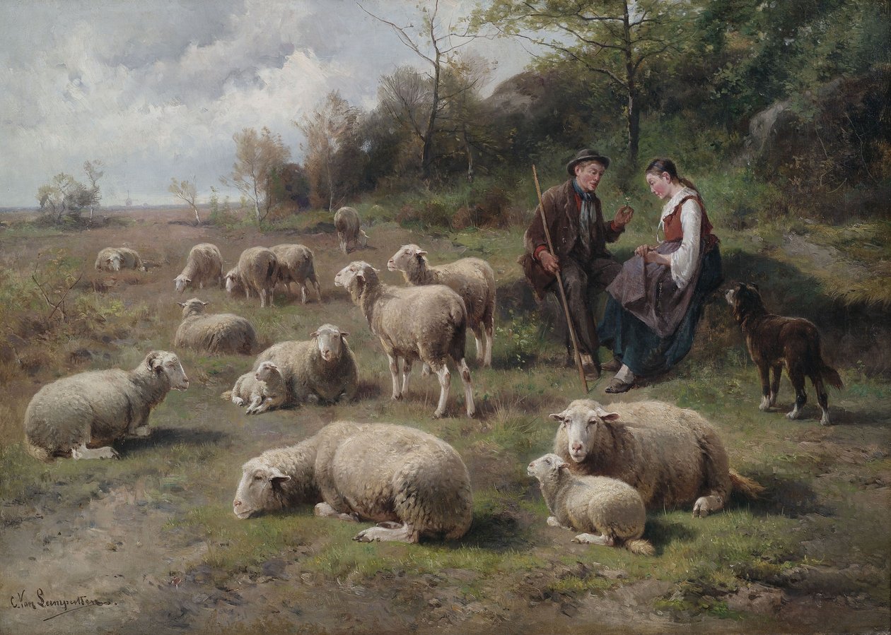 Para pasterzy ze stadem na pastwisku autorstwa Cornelis van Leemputten