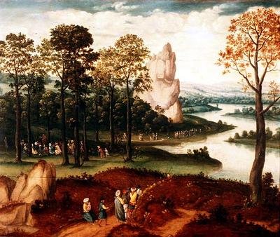 Rozległy zalesiony krajobraz rzeczny z kaznodzieją św. Jana Chrzciciela autorstwa Cornelis (after) Massys