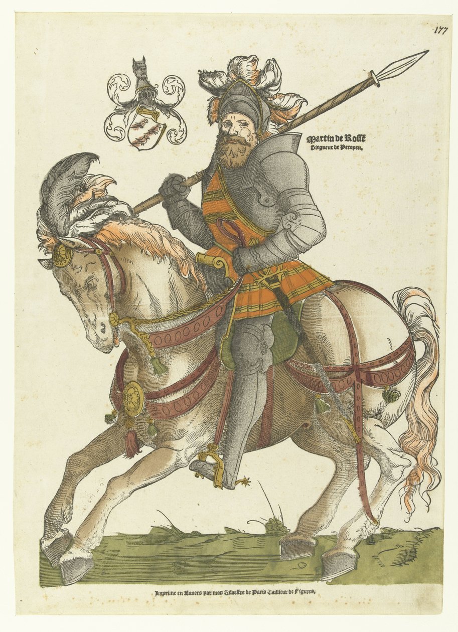 Portret Maartena van Rossuma na koniu Martin de Rosse Siegneur de Peroyen (tytuł na obiekcie) autorstwa Cornelis Anthonisz.