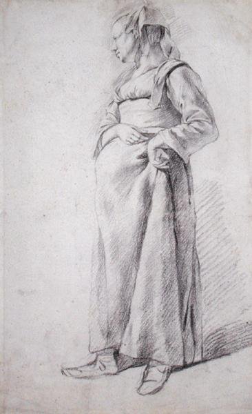 Stojąca chłopka (czarna kreda na papierze) autorstwa Cornelis Pietersz Bega