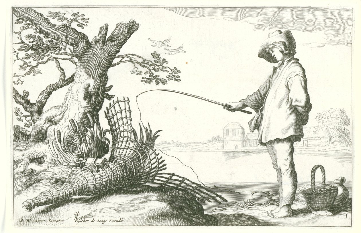 Młody rybak Cztery sceny duszpasterskie (tytuł serii) autorstwa Cornelis Bloemaert (II) (possibly)