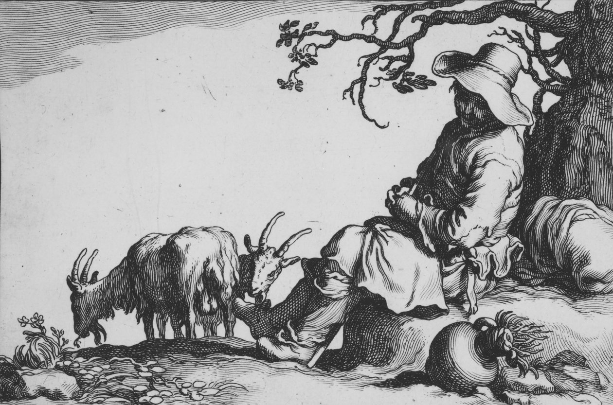 Pastorał z pastuchem i kozami, z cyklu Szesnaście Podmiotów Chłopskich, XVII wiek. autorstwa Cornelis Bloemaert