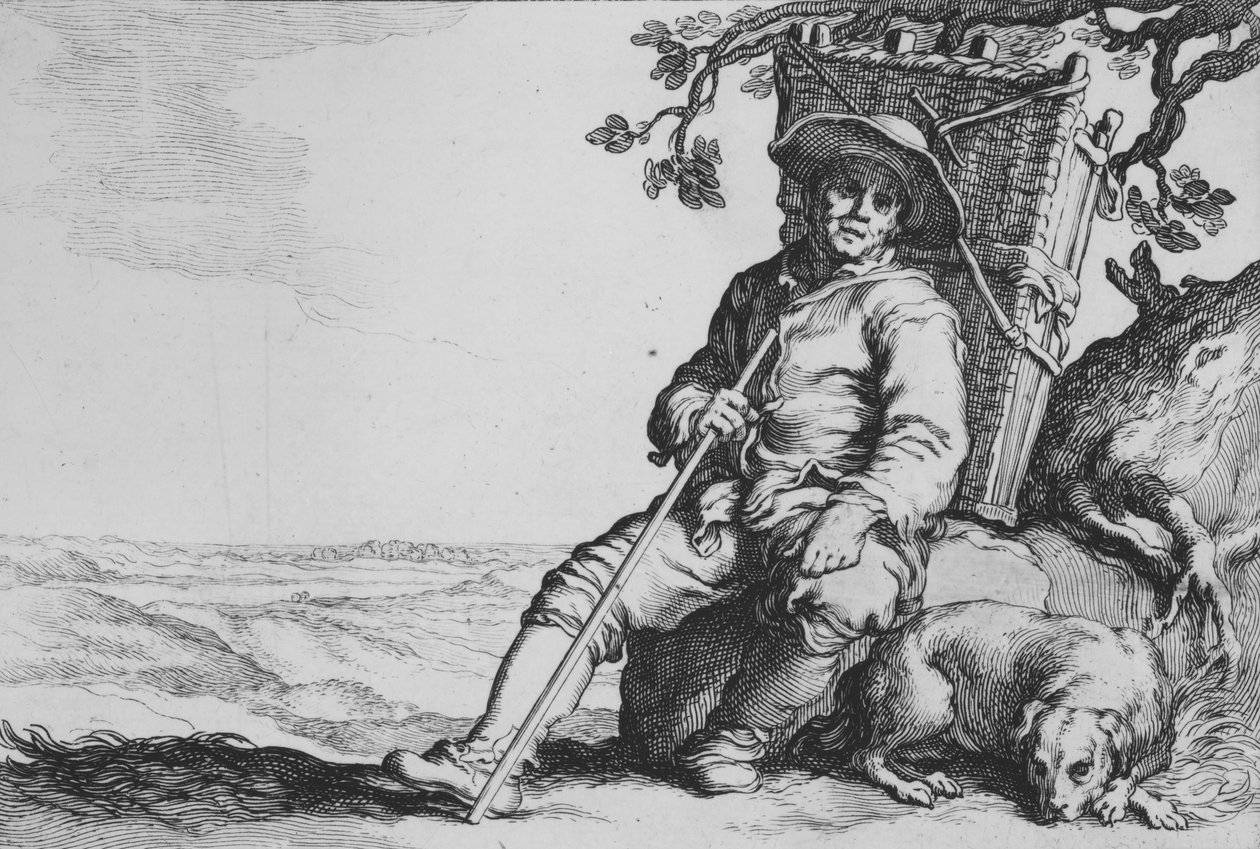 Podróżnik z psem, z cyklu Szesnaście chłopskich poddanych, XVII wiek. autorstwa Cornelis Bloemaert