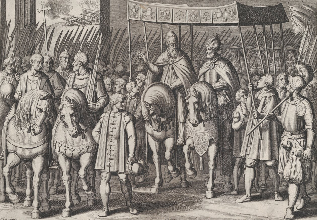 Ilustracja 3: Karol V koronowany cesarz wkraczający do Rzymu z papieżem, od triumfów Karola..., 1614. autorstwa Cornelis Boel