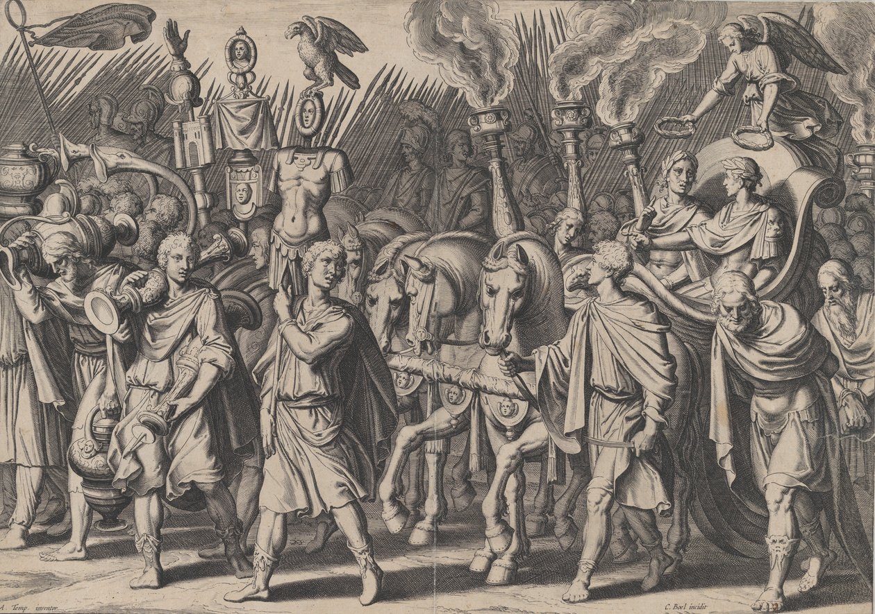 Tablica 7: Procesja triumfalna po zwycięstwie nad Turkami, z triumfów Karola V, 1614. autorstwa Cornelis Boel