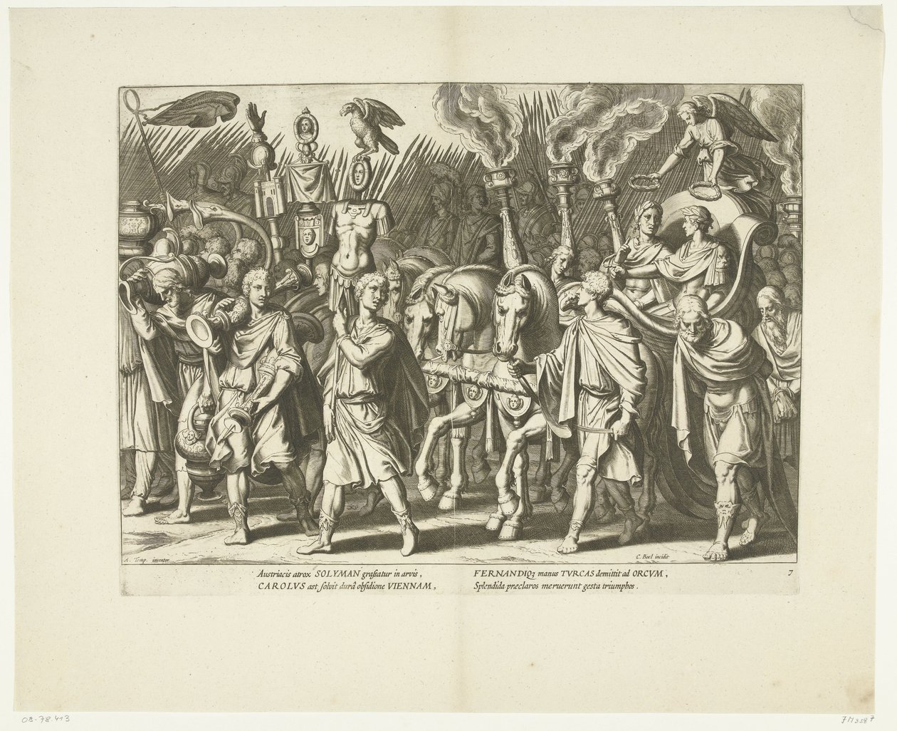 Triomfwagen van Karel V en Ferdinand, na de bevrijding van Wenen van de Turken, ca. 1532, nr. 7 Scenes uit het leven van Karel V (tytuł serii) Życie cesarza Karola V. w przepięknych wklęsłodrukach, wygrawerowanych według wzorów słynnego A. Tempesta autorstwa Cornelis Boel
