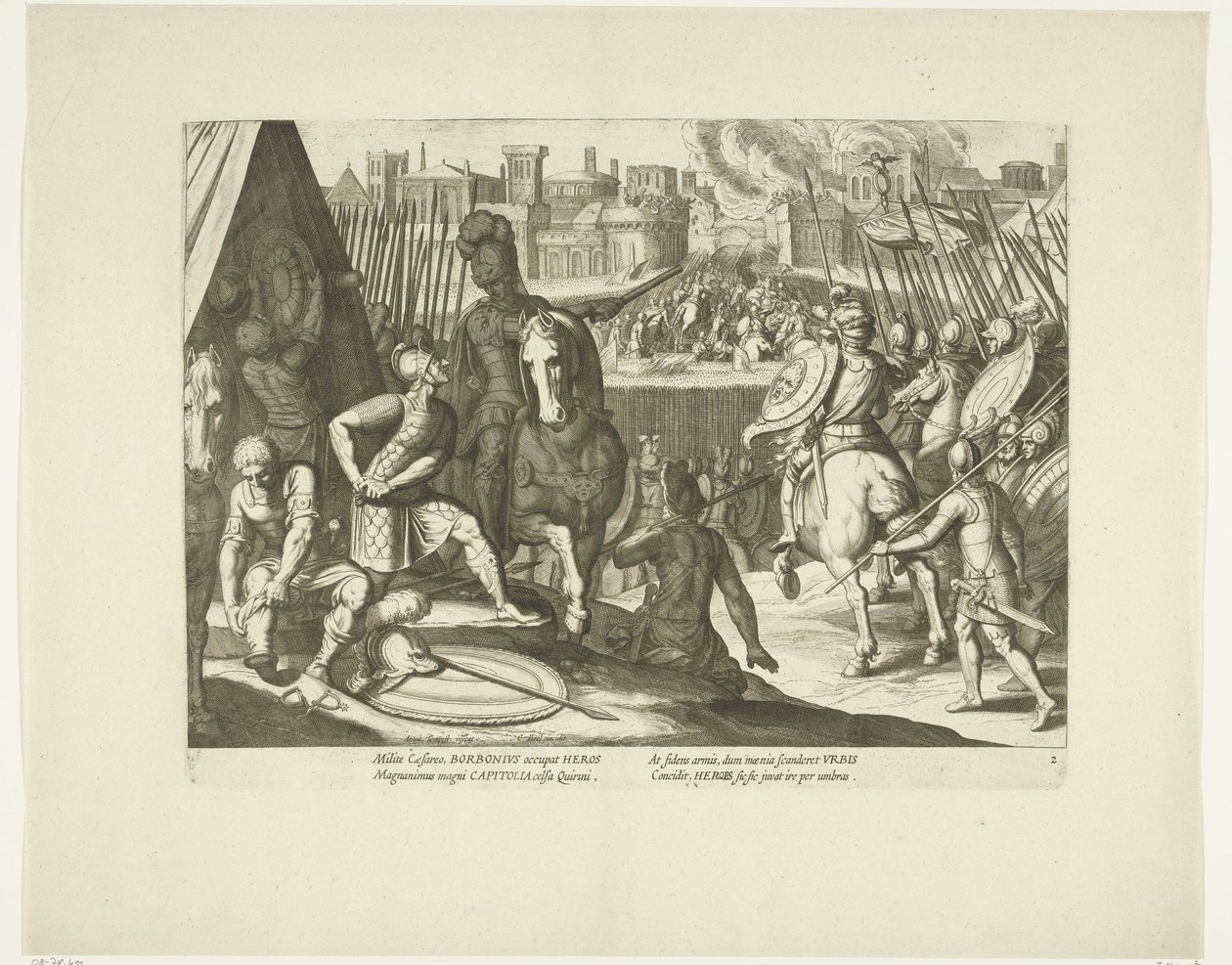 Poderwanie Rzymu, 1527, nr. 2 Scenes uit het leven van Karel V (tytuł serii) Życie cesarza Karola V. w przepięknych wklęsłodrukach, wyrytych według wzorów słynnego A. Tempeste przez dwóch najzdolniejszych mistrzów J. de Gein i C. Boel. Na autorstwa Cornelis Boel
