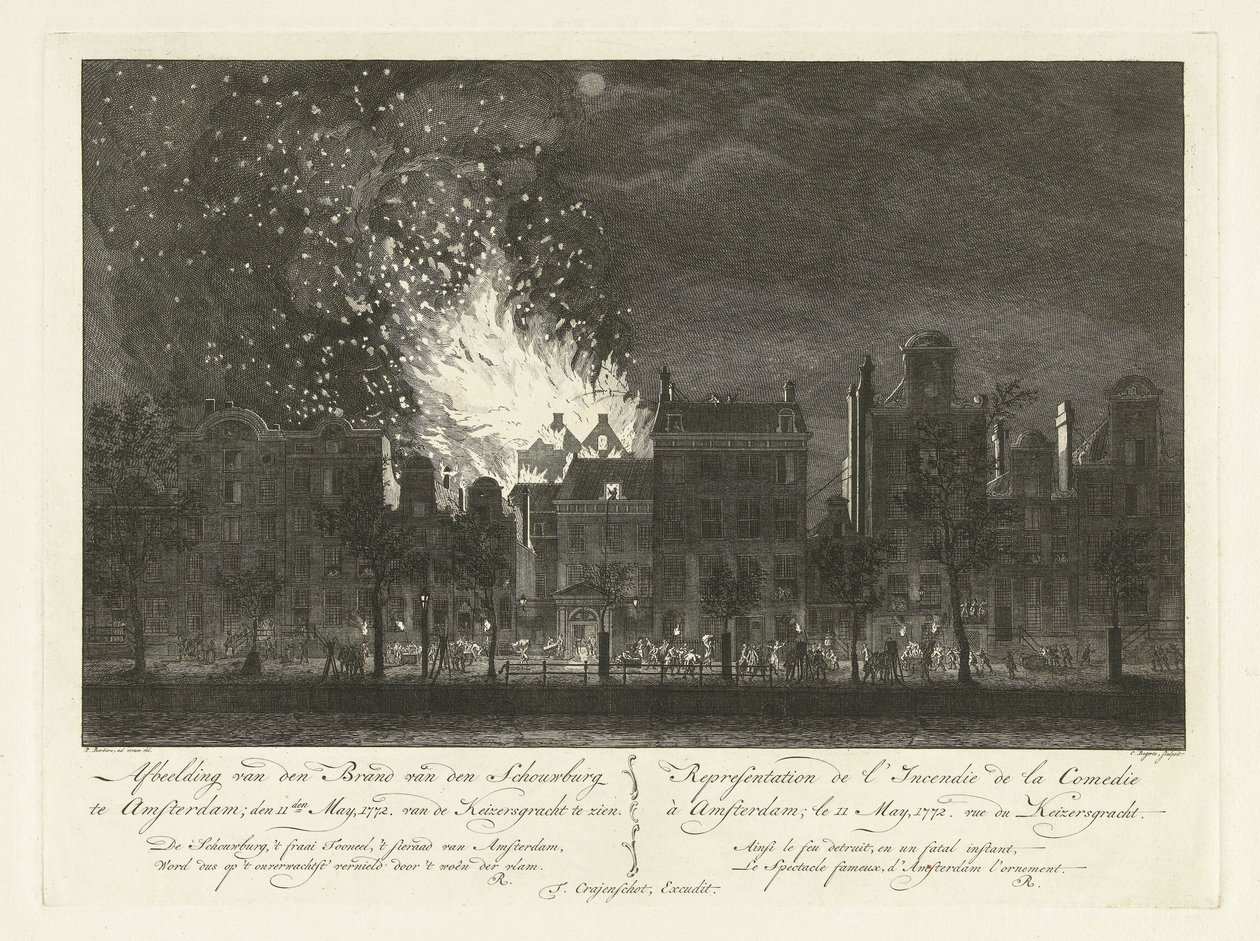 Pożar w Amsterdamse Schouwburg widziany z drugiej strony Keizersgracht, 1772 Przedstawienie pożaru Schouwburga w Amsterdamie; 11 maja 1772. Od Keizersgracht do zobaczenia / Representation de l