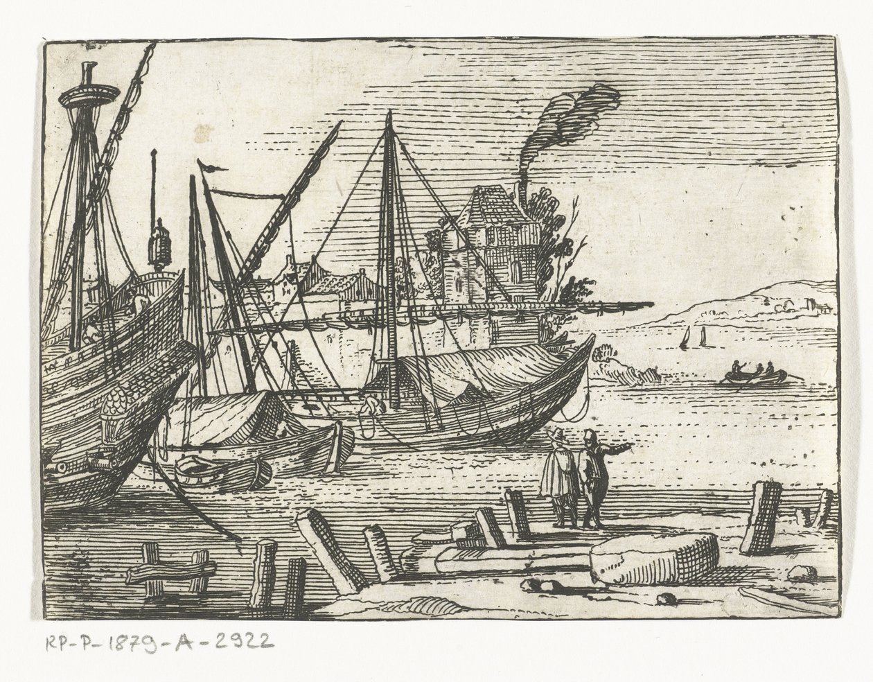 Widok na port z dwoma żaglowcami i galeonem, dwóch mężczyzn stojących na nabrzeżu Krajobrazy i marines (tytuł serii) autorstwa Cornelis Bol (attributed to)