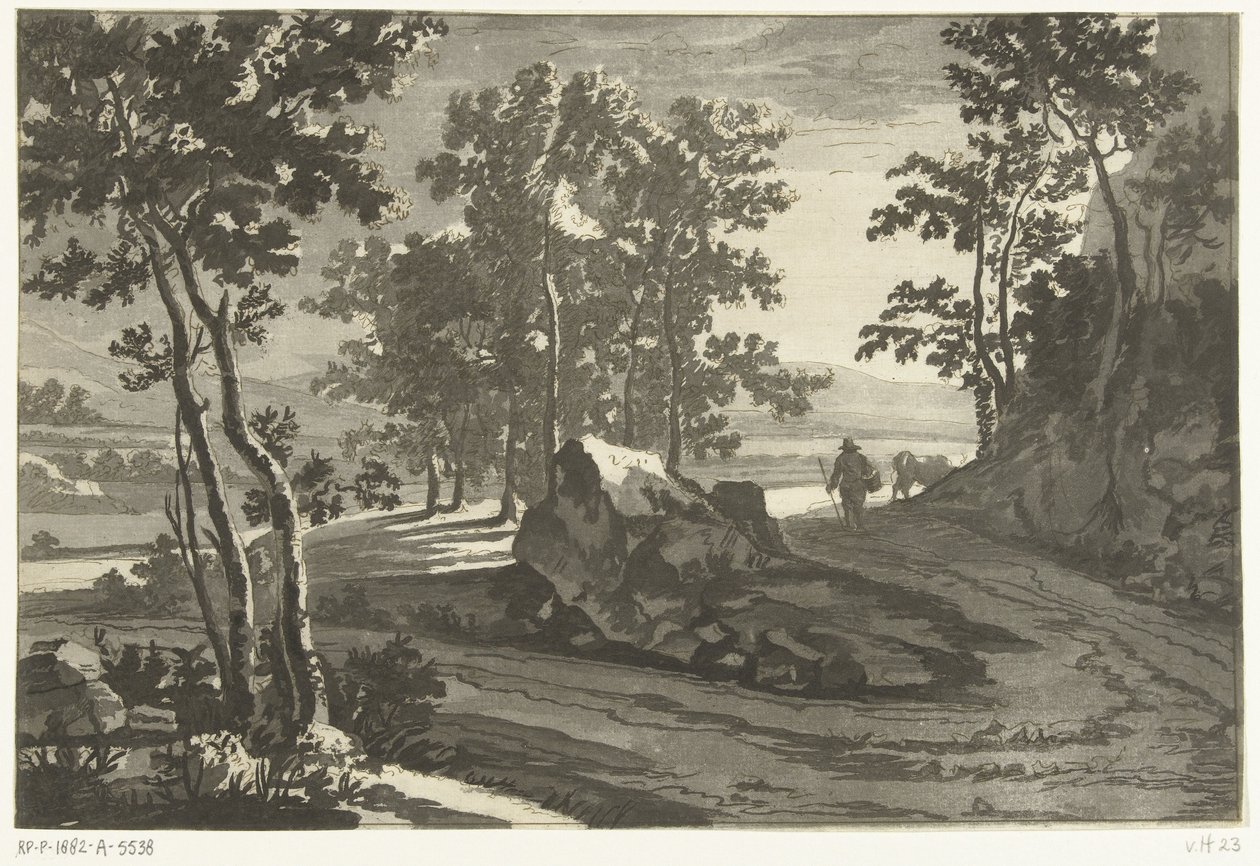 Zalesiony krajobraz z poganiaczem autorstwa Cornelis Brouwer